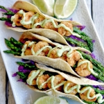 Fajita Shrimp and Asparagus Tacos with Avocado Cream Sauce {Linky Party}