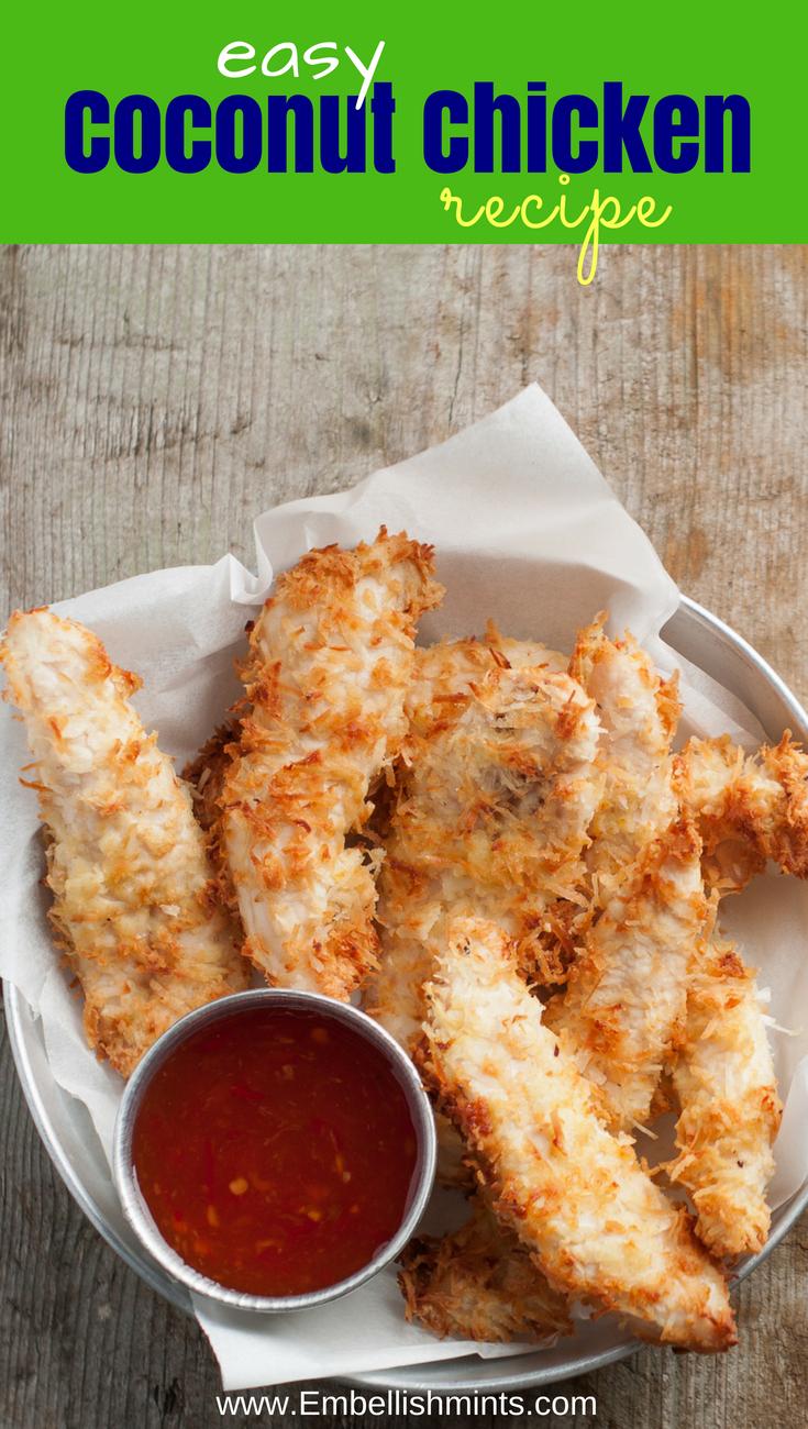 Tender, savory Coconut Chicken strips are easy and delicious! You can bake them or fry them. You choose! Great step by step instructions on www.Embellishmints.com