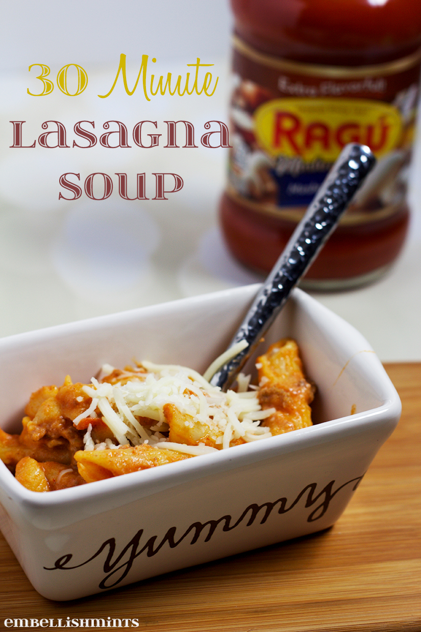 30-Minute Lasagna Soup is just like lasagna, only it's in a bowl! The flavors are delicious, and you more than likely have all the ingredients you need already. www.Embellishmints.com