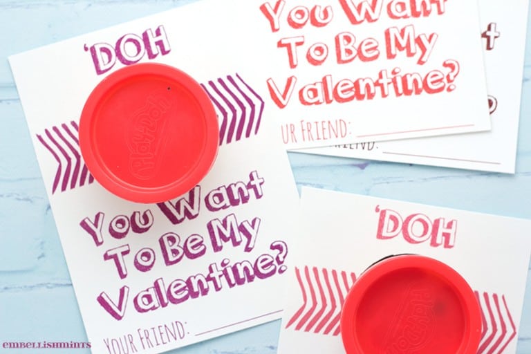 Handmade Play-Doh Valentine + link to a FREE Printable on www.Embellishmints.com