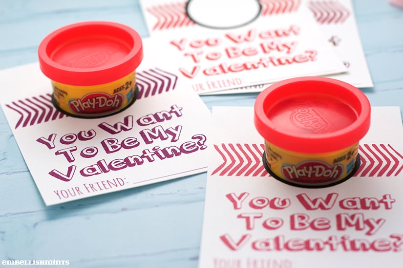 Handmade Play-Doh Valentine + link to a FREE Printable on www.Embellishmints.com