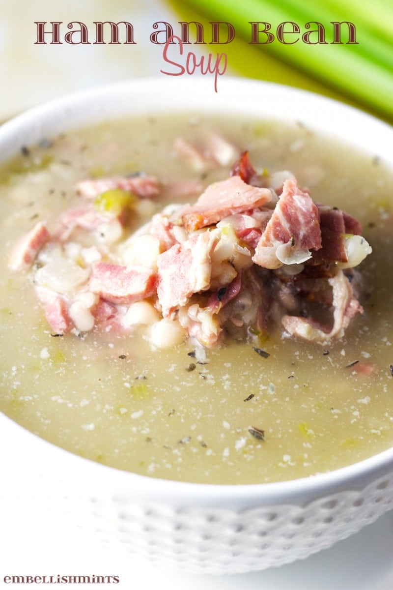 This Ham and Bean Soup Recipe is perfect for leftover ham any time of year! It's a delicious low-fat soup full of flavor! www.Embellishmints.com