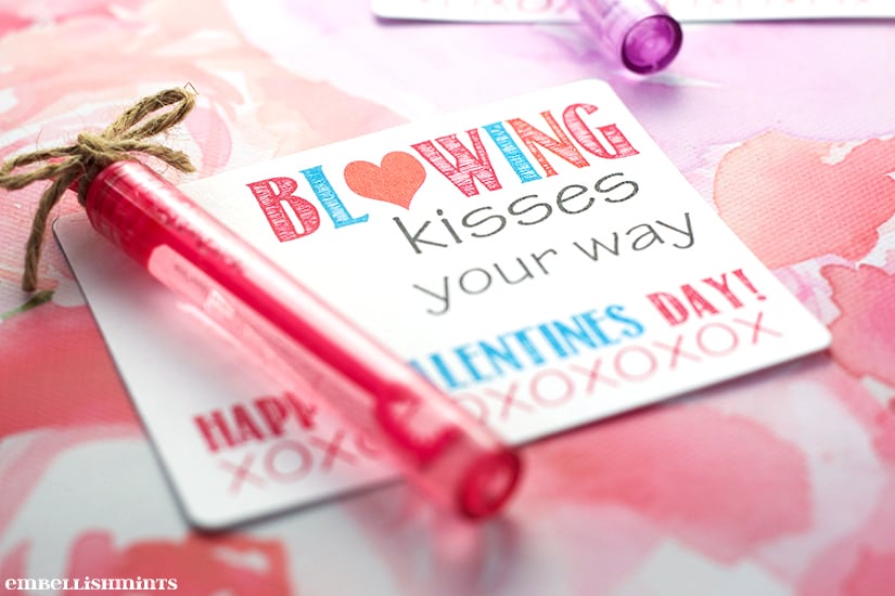 Handmade "Blowing Kisses Your Way" Bubbles Valentine with a link to the FREE Printable on www.Embellishmints.com