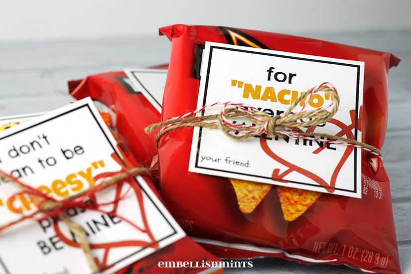 Handmade "Nacho" Average and "Cheesy" Chips Valentine and a link to your FREE Printable on www.Embellishmints.com