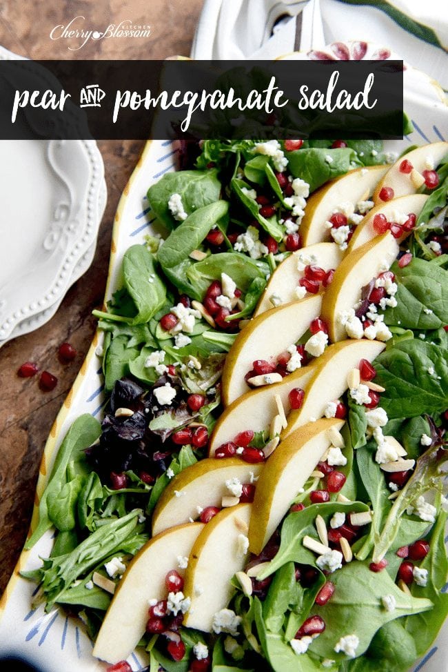 Pear and Pomegranate Salad with Gorgonzola Crumbles. Get the link to the recipe here on www.Embellishmints.com