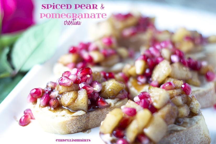 Spiced Pear and Pomegranate Crostini. This diced pears and pomegranate arils recipe make the perfect appetizer. The delicious cinnamon maple sauce helps balance out the sweetness with a touch of balsamic vinegar. Get the recipe at www.embellishmints.com
