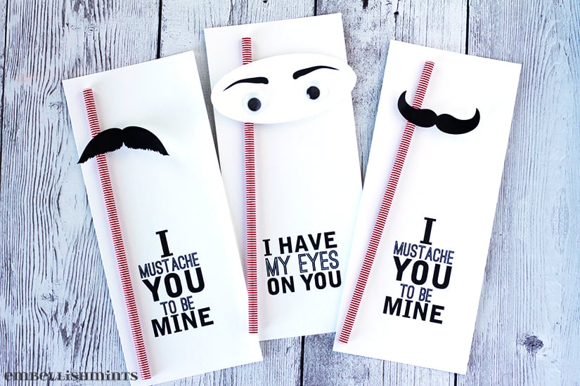 Handmade Mustache Photo Prop Valentine are perfect for at home Valentine's Day parties. A cute party favor and photo prop all in one! www.Embellishmints.com