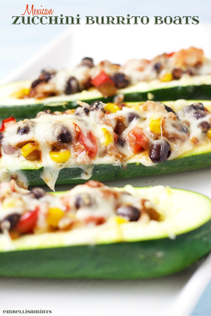 Mexican Zucchini Burrito Boats. A delicious, meatless meal packed with Mexican flavor! Find the recipe on www.Embellishmints.com