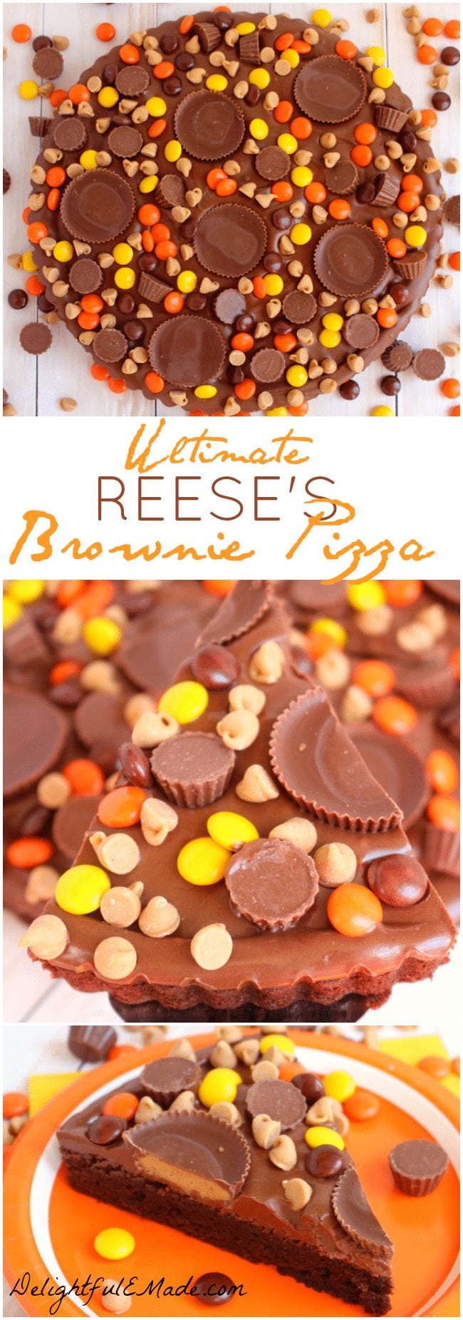 Loaded with REESE'S Pieces, Peanut Butter Cups, Mini's, Peanut Butter Chips, and a chocolate peanut butter frosting, this brownie pizza is perfect! My favorite post from last week's Dream Create Inspire Linky Party!