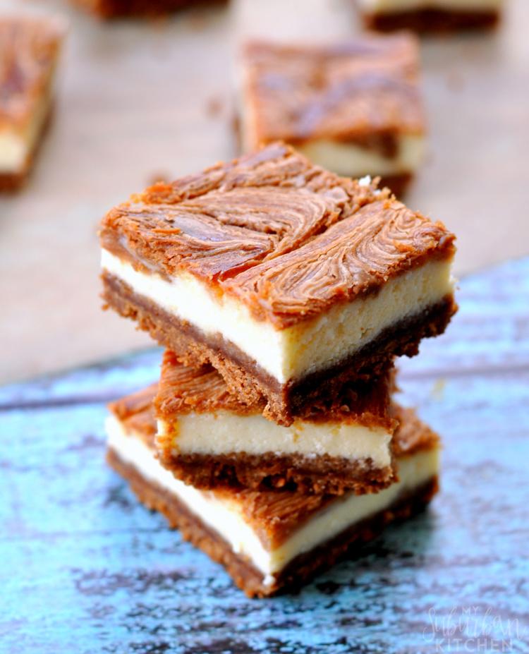 Get this recipe for Cookie Butter Cheesecake Bars with Biscoff cookies and Cream Cheese. Delicious cheesecake swirled with cookie butter. This week's Linky Party favorite on www.Embellishmints.com