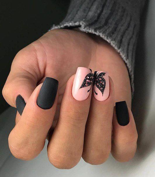Nail Designs for Spring Winter Summer Fall.  Butterfly Nail Art.  Black Matte Nail Art.  Pink Nail Art.