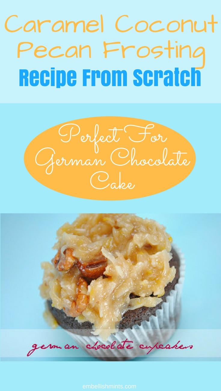 A delicious German Chocolate Cake Frosting recipe, made from scratch, straight from Something Swanky. You will love this Caramel Coconut Pecan Frosting! www.Embellishmints.com